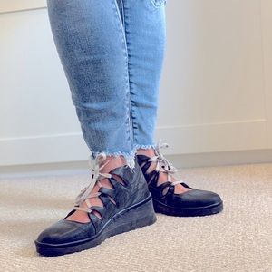 Fly London wedge dark grey open front lace booties